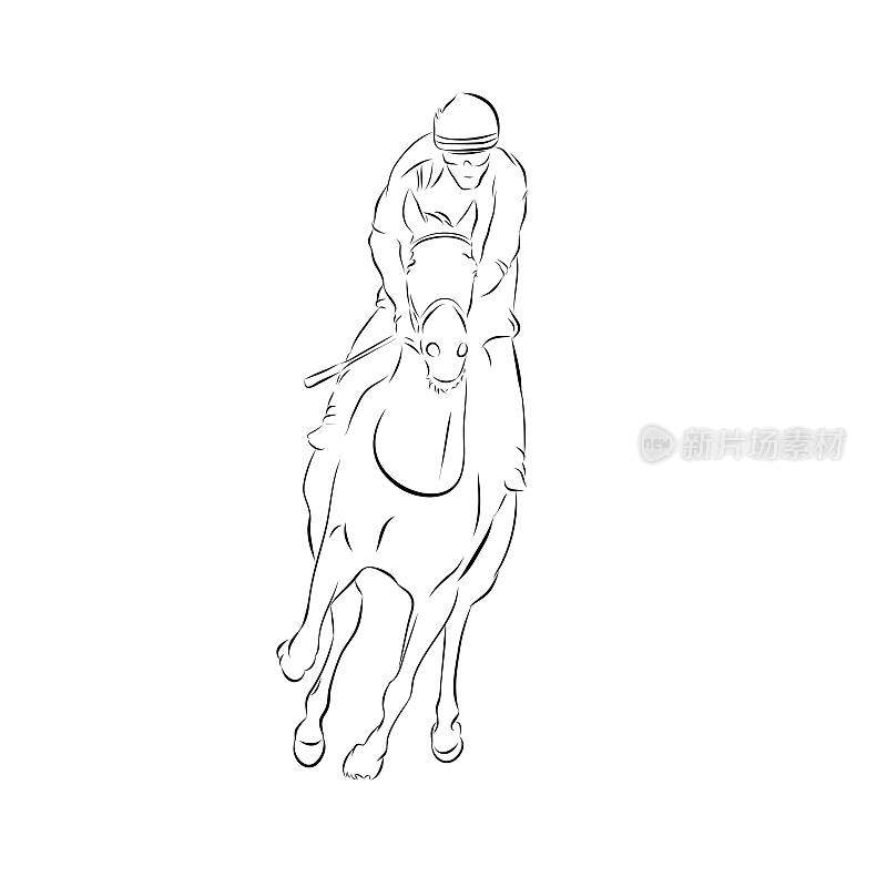 Umní a iHorse赛马，骑师骑马，线条艺术绘画，孤立向量轮廓勾勒